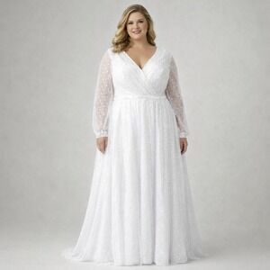 Lavetir White Bridal Dress Long Sleeve Button Back Wedding Gown Plus size 16 NWT